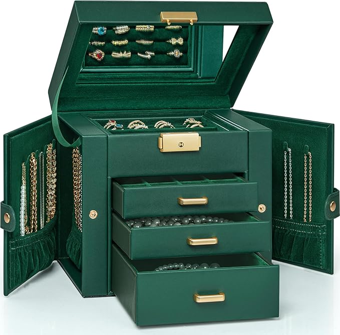 AKOZLIN 4-Tier Jewelry Box Leather Jewelry Storage Organizer with 3 Drawers Lockable for Women Girls Ring Necklace Earring Br