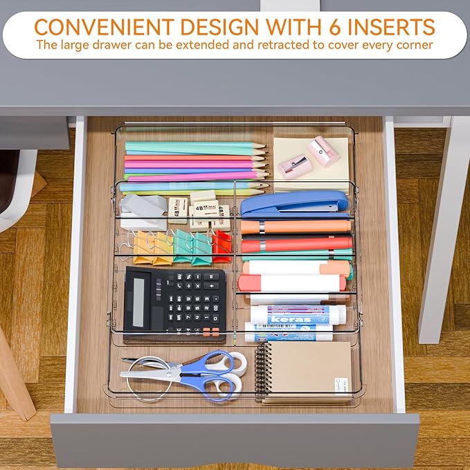 Yieach Expandable Desk Drawer Organizer Tray,1.8 Inch High Junk Drawer Organizer for Kitchen,Clear Shallow Office Drawer Orga