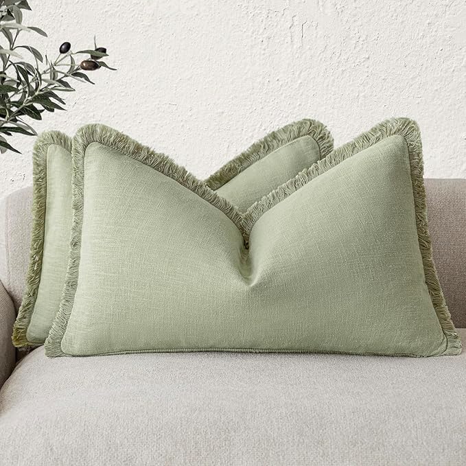 Foindtower Set of 2 Decorative Linen Fringe Throw Pillow Covers Farmhouse Cushion Cover with Tassels Lumbar Accent Pillowcase