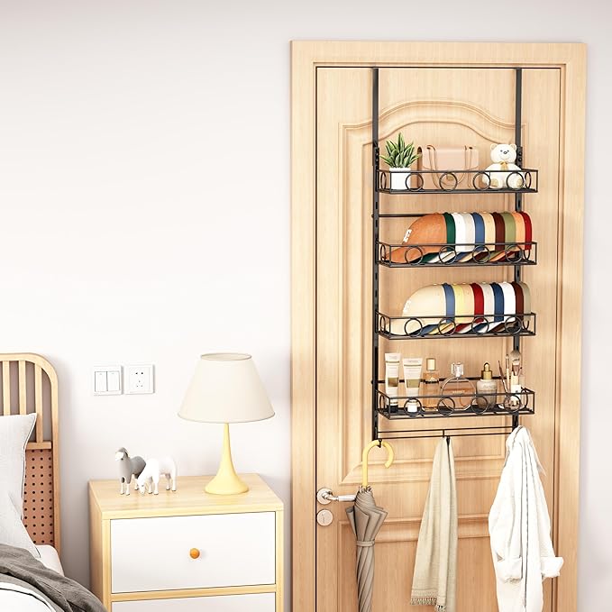 Over Door Hat Organizer 5 Tier Wall Mounted Hat Rack with 4 Adjustable Metal Basket and 3 Hooks Hat Organizer for Baseball ca