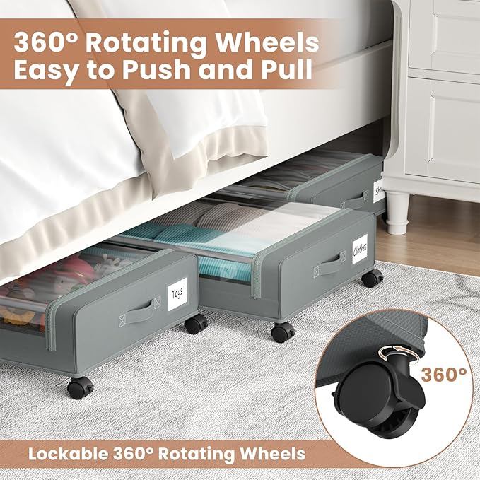 Under Bed Storage Containers with Clear Lid, Large Under Bed Storage with Wheels,6.22"H Under Bed Containers Rolling Under Be