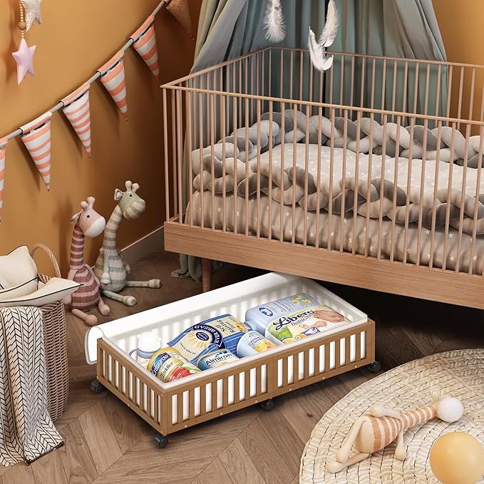 Bamboo Under Bed Storage Containers with Wheels, 2 Pack Large Under the Bed Shoe Storage Bins, Wood Rolling Underbed Drawers 