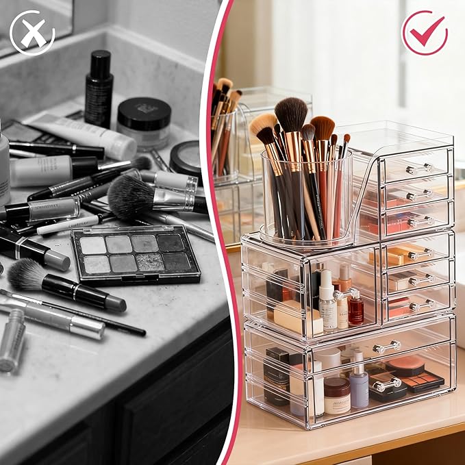 ShineMe Clear Makeup Organizer with 9 Drawers, 3 Tier Stackable Makeup Storage Organizer with Rotating Brush Holder, Acrylic 