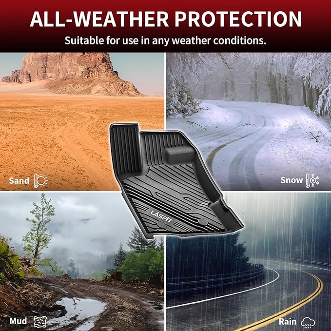 LASFIT Floor Mats Fit for Ford Ranger 2020-2023 SuperCrew Cab, All Weather TPE Truck Liners, Front and Rear Row Set, Black
