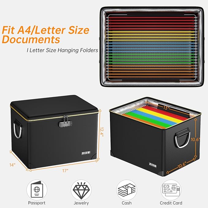 Fireproof Document Box,Hard Case File Organizer with Fireproof Zipper&Threads,Non-Foldable Filing Cabinet with Lock, Portable