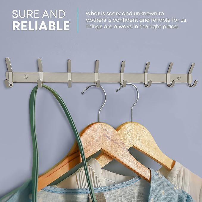 Coat Rack Wall Mount – Brushed Nickel 24 Inch Stainless Steel Hook Rail with 8 Heavy Duty Double Coat Hooks – Wall Mounted Co