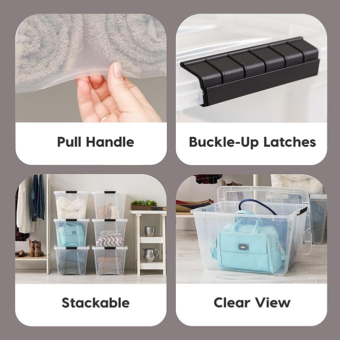 IRIS USA 6-Pack 54 Quart Stackable Storage Bins with Lids [Made in USA] - Everyday Organizer Latching Clear Plastic Organizat