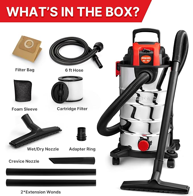 Shop-Vac 8 Gallon 4.0 HP Wet/Dry Vacuum with Blower Function, Stainless Steel Tank, Portable Shop Vacuum with Wheels, Include
