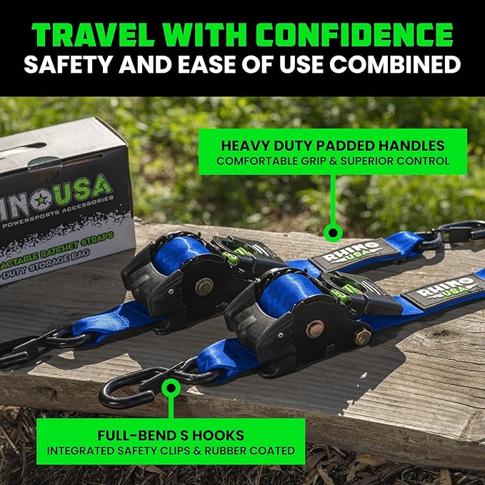 Rhino USA Retractable Ratchet Straps (2-Pack) - 2 Inch x 10 Feet (3,033lb Break Strength) - Heavy Duty Auto Self Retracting Tie Down Straps for Truck, Cargo Trailer, Motorcycle, Rad & More - Blue