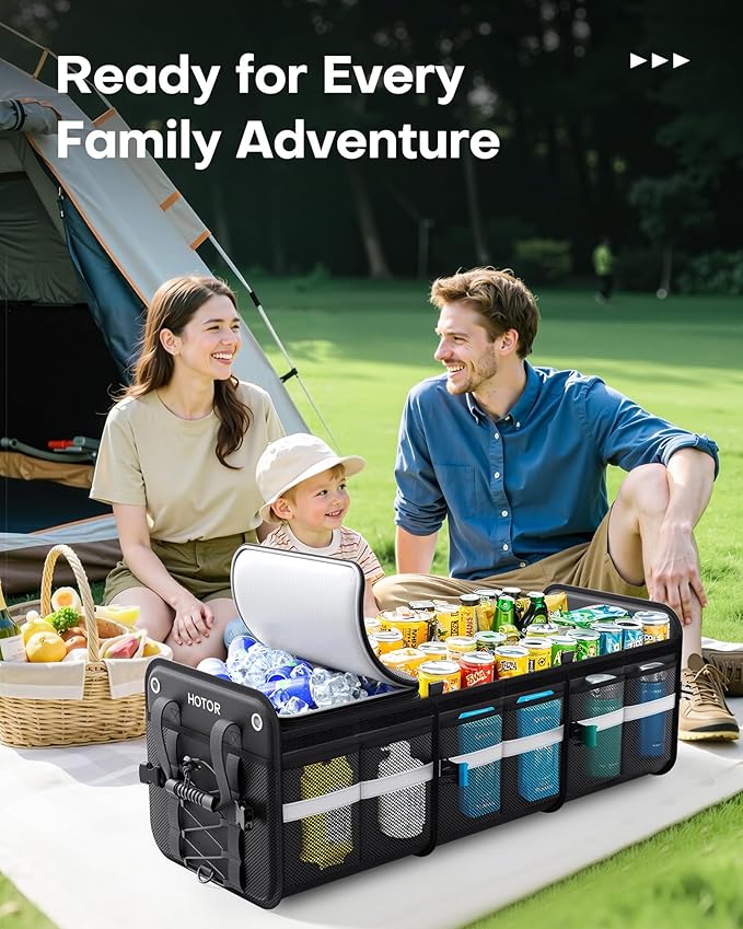 HOTOR Trunk Organizer - 3-Compartment Car Organizer and Storage with Cooler Bag, Foldable Car Storage Organizer for SUV with