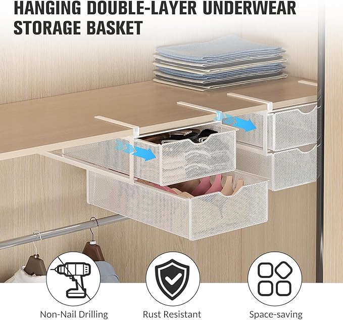 Underwear Drawer Organizer for Closet, Hanging Pull-Out Bra Sock Lingerie Storage Basket - Double-Layer Mesh Undergarment Org