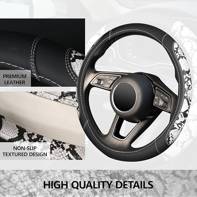ZHOL Snake Skin Leather Steering Wheel Cover,Black and White Animal Fur Car Accessory Steering Wheel Cover,Universal 14.5-15i