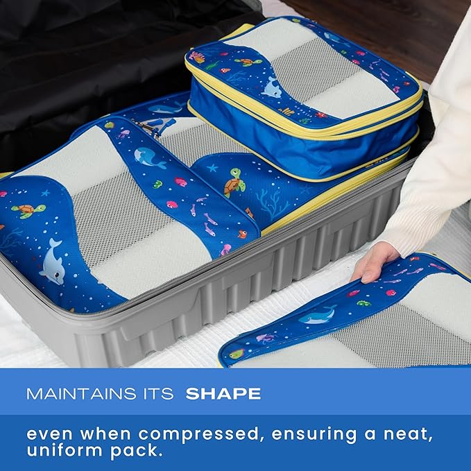 Kids Packing Cubes Compression, Luggage Packing Organization Cubes 4 Pack, Blue, 1 Small, 2 Medium, 1 Large, ocean blue