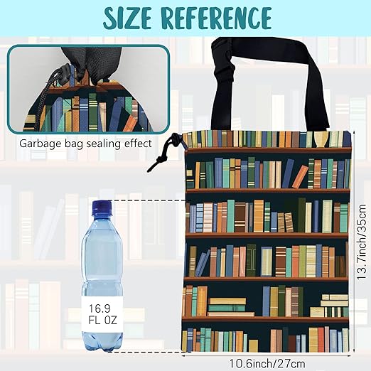 Car Trash Bag Books on Shelves Leak-Proof Car Garbage Bag with Drawstring Foldable Canvas Trash Bin with Adjustable Buckle for Car Accessories