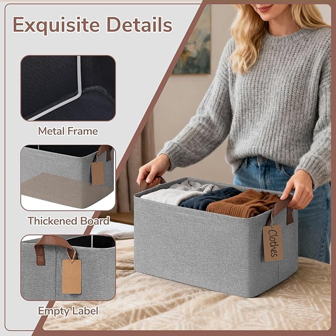 CHICVITA 4 Pack Storage Baskets for Shelves, Foldable Fabric Storage Bins with Metal Frame Handles, Closet Organizer Bins for