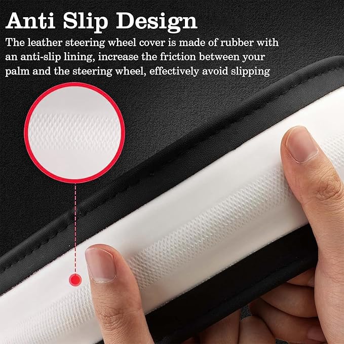 Wine Red Car Steering Wheel Cover, Nappa Leather, Bottom Color Blocking, Universal 14.5-15 Inch Leather Anti-Slip Breathable 