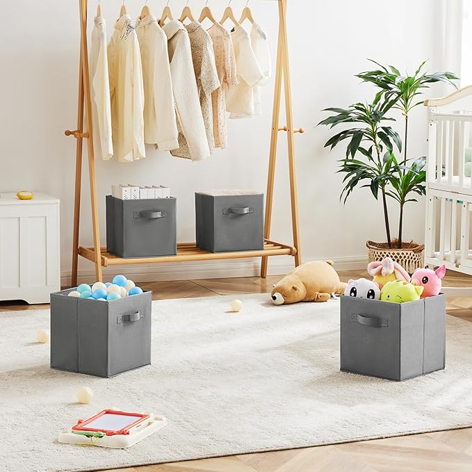 MAX Houser 6 Pack Foldable Fabric Storage Bins with Handles - Ideal for Closet Organization, Bedroom and Nursery (Grey, 10.5"