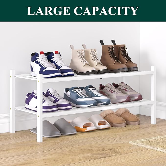 Smiry Bamboo Shoe Rack for Closet, 2 Tier Wooden Stackable Shoe Organizer, Free Standing Shoes Storage Shelf for Entryway, Fr