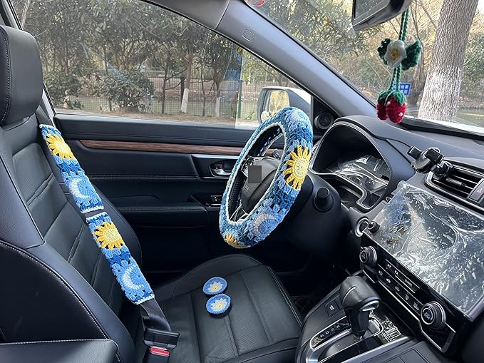 Handmade Crochet Sun and Moon Car Steering Wheel Covers Universal 14-15 inch for Women and Men (Wheel Covers+2belt Covers+2Car Coasters+Strawberry)