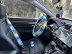 Handmade Crochet Sun and Moon Car Steering Wheel Covers Universal 14-15 inch for Women and Men (Wheel Covers+2belt Covers+2Car Coasters+Strawberry)
