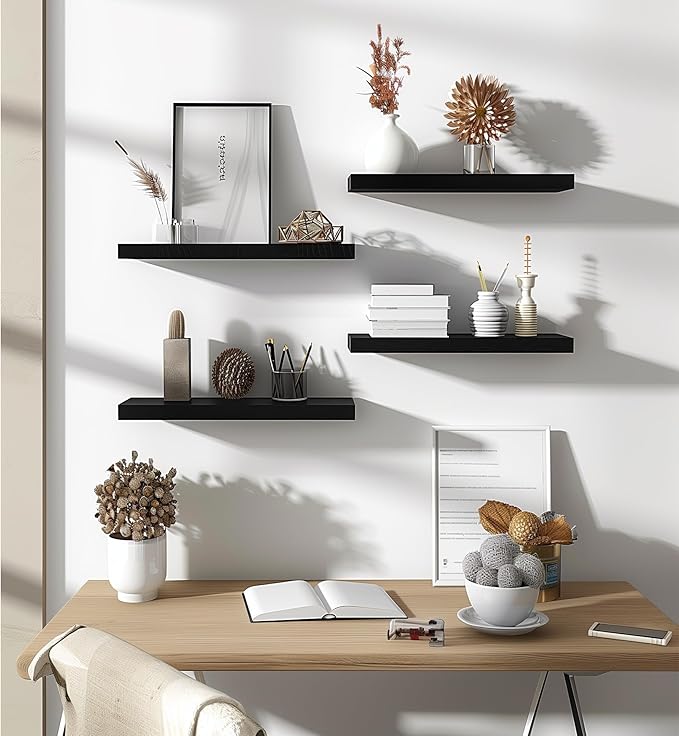 PHPH Wood Floating Shelves for Wall, Wooden Wall Shelves for Bedroom, Set of 6 Black 17 Inch