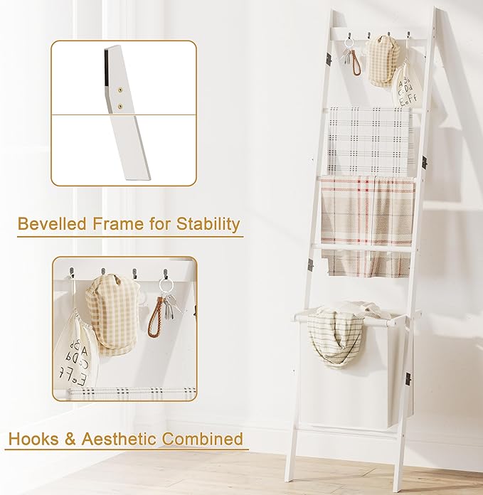 BAMBANG Bamboo Blanket Ladder with Basket, 5-Tier Quilt Rack Stand with 4 Hooks & Storage Hamper for Living Room Bathroom, Wa