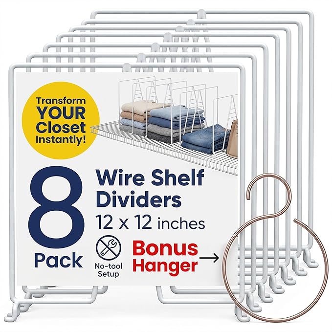 White Wire Shelf Dividers for Closet Organization – 4-Pack - Sturdy and Easy Set-Up Closet Shelf Dividers with Bonus Rose Gol
