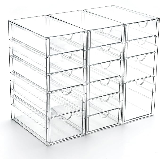 Prsildan Acrylic Drawer Organizer with 15 Drawers, Makeup Craft Office Desk Organizers Accessories, Set of 3 Clear Stackable 