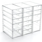 Prsildan Acrylic Drawer Organizer with 15 Drawers, Makeup Craft Office Desk Organizers Accessories, Set of 3 Clear Stackable 