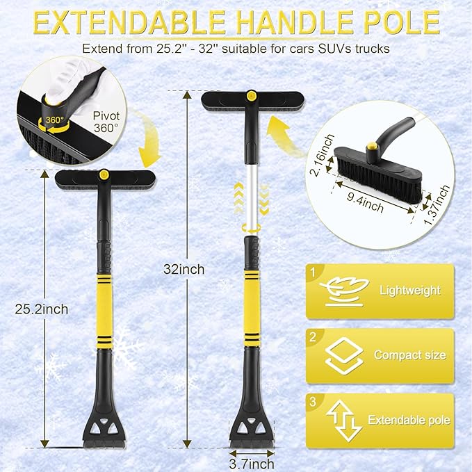 LivTee 32" Extendable Ice Scraper & Snow Brush for Car Windshield, 360° Rotating Snow Removal Tool for Cars, Trucks & SUVs, Automotive Winter Essentials & Car Accessories for Men, Yellow