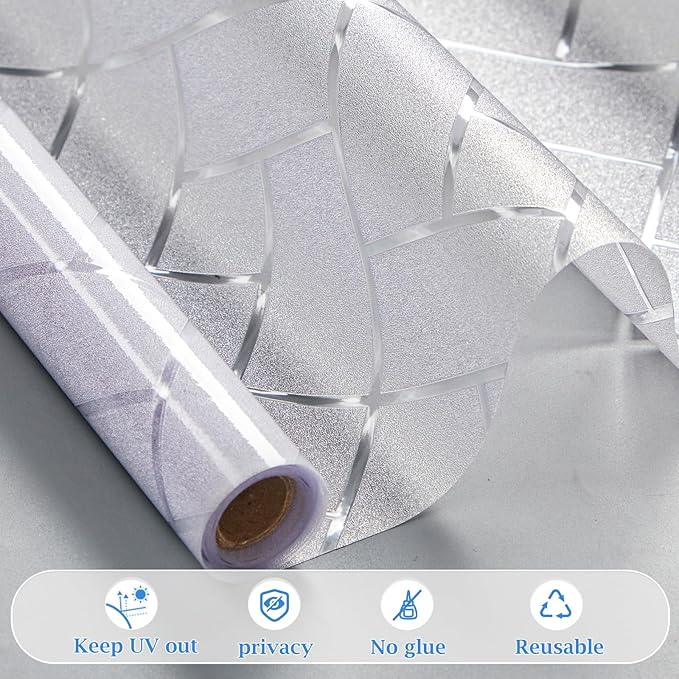 Coavas Frosted Window Privacy Film Static Cling Non-Adhesive for Glass Windows, Heat Control UV Blocking Sun Blocking Anti Glare, Day and Night Bathroom Home Office Cover, 17.5"x118"