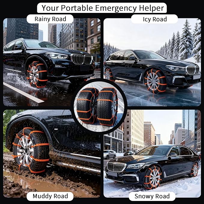 Universal Anti-Skid Snow Tire Chains for Cars SUV Trucks - Adjustable 14-19 Inch Emergency Winter Traction Tire Chains, Easy 