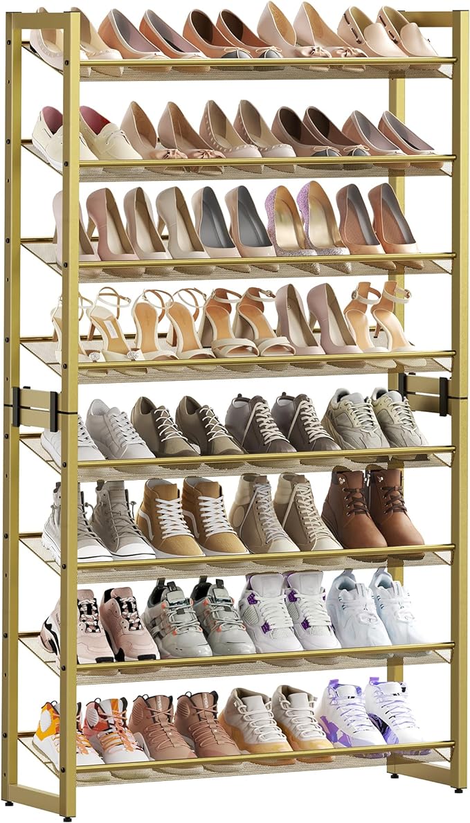 SONGMICS Shoe Rack, 8-Tier Shoe Organizer, Metal Rack for Garage, Set of 2, 4-Tier Stackable Shelf, with Adjustable Flat or A