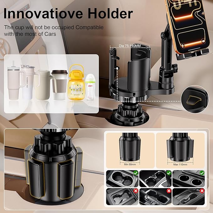 Tablet Holder for Car, 3 in 1 Cup Holder ipad Car Mount with Expander, Adjustable Base and Long Arm with 360°Rotation Phone ipad Holder Compatible for 4-12.9‘’ Tablet, All Smartphones and Most Bottles