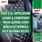 SONAX Leather Foam 289300 | 2 in 1 Aerosol Leather Cleaner and Conditioner | Safe to Use on Perforated Air Conditioned/Heated