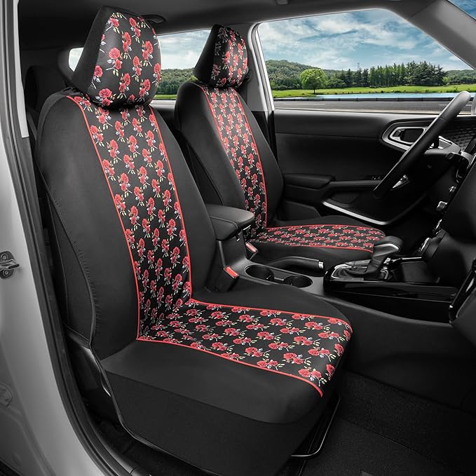 BDK Red Rose Car Seat Covers for Front Seats, 2 Pack – Flower Pattern Front Seat Cover Set with Matching Headrest, Sideless D