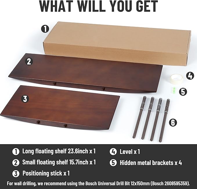 Floating Shelves for Concrete Wall: Solid Wood Shelf 15.75 and 23.6 inch with Heavy Duty Hidden Bracket for Display Books Pla