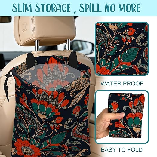 Car Garbage Bag Abstract Red and Green Flowers Hanging Canvas Car Trash Bag Drawstring Car Back Seat Organizer for Car Back Front Seat Console with Adjustable Buckle