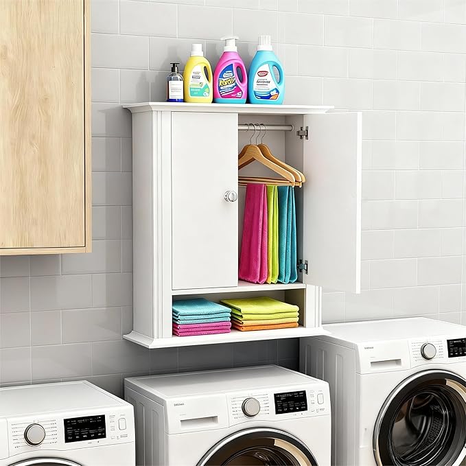 White Bathroom Wall Cabinet, Over the Toilet Storage Cabinet, Bathroom Cabinet Wall Mount, 2 Doors & Hooks, Medicine Cabinet 