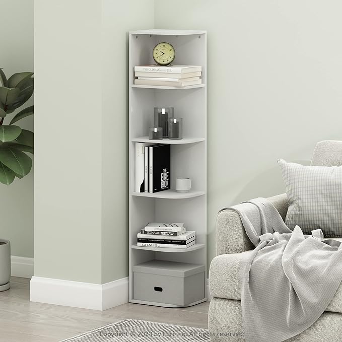 Furinno PASIR Book Shelf, 5-Tier Corner Bookshelf with Open Shelf, Standing Bookcase, 9.3 x 12 x 51.7, for Organization and S
