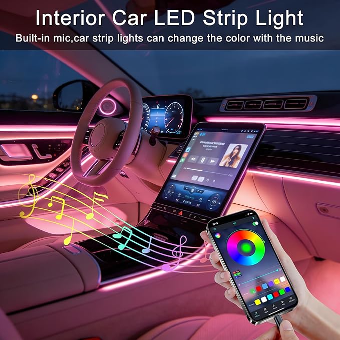 Interior Car LED Lights APP Control，Ambient Lighting Kit with 236" Fiber Optic，5 in 1 RGB Strip Lights，16 Million Colors Car Neon Lights, Sync to Music（USB）