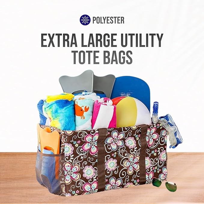 Extra Large Utility Tote Bag - Oversized Collapsible Reusable Wire Frame Rectangular Canvas Basket With Two Exterior Pockets For Beach, Pool, Laundry, Car Trunk, Storage - Brown Daisy