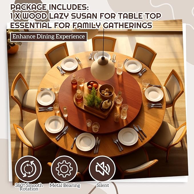 24" Walnut Wood Lazy Susan for Table Top, Large Turntable Rotating Serving Tray for Counter Top Solid Wooden Round Lazy Susan