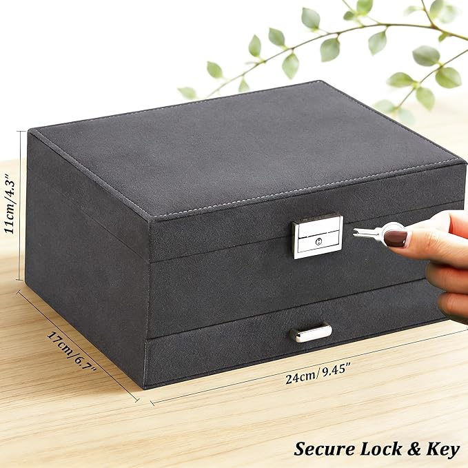 QBestry 3-Layer Jewelry Box for Women with Lock and Key & Drawer, Large Jewelry Organizer with 8 Necklace Hooks & 56 Earring 