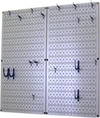 Wall Control Kitchen Pegboard Organizer Pots and Pans Storage Rack Organization Kit with Grey Pegboard and Blue Accessories