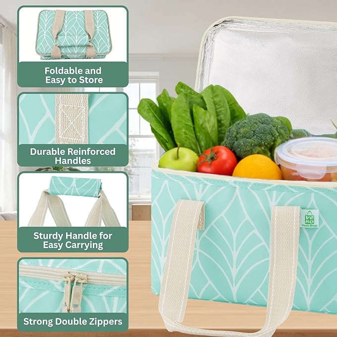 VENO 2 Pack Insulated Lunch Bag Cooler Lunch Box Reusable Grocery Shopping Tote Bag, Durable Handles, Double Zippers, Lid, Collapsible (Evergreen, 2 Pack)