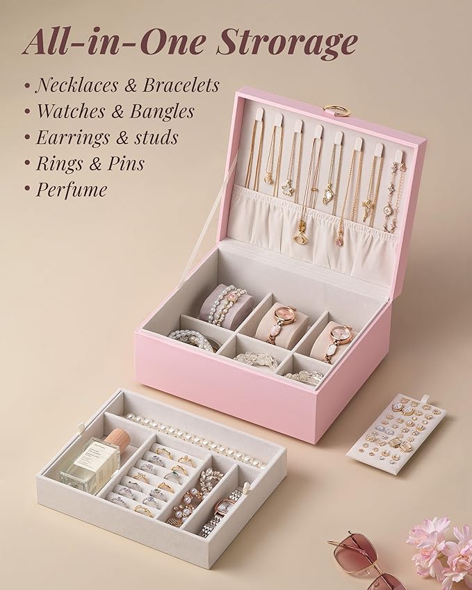 pickpiff 2 Layer Jewelry Box Organizer for Women, Jewelry Organizer with Handle & Removable Tray, Necklace Holder Ring Earrin