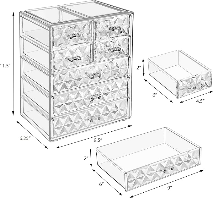 Sorbus Acrylic Makeup Organizer Set, 7-Drawer Vanity & Countertop Cosmetic Storage with Small & Wide Drawers, Diamond Makeup 