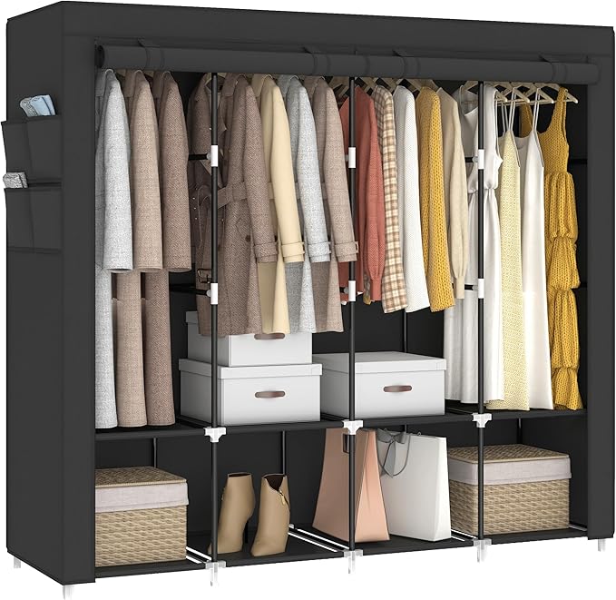 MOGELAFOO 67 Inch Portable Closet Wardrobe for Hanging Clothes, Wardrobe Closet with Cover, 4 Hanging Rods and Side Pockets, 