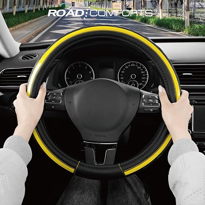Road Comforts Leather Steering Wheel Cover – Black & Yellow, Universal Fit 14.5-15 Inch, Microfiber Leather, Anti-Slip & Brea